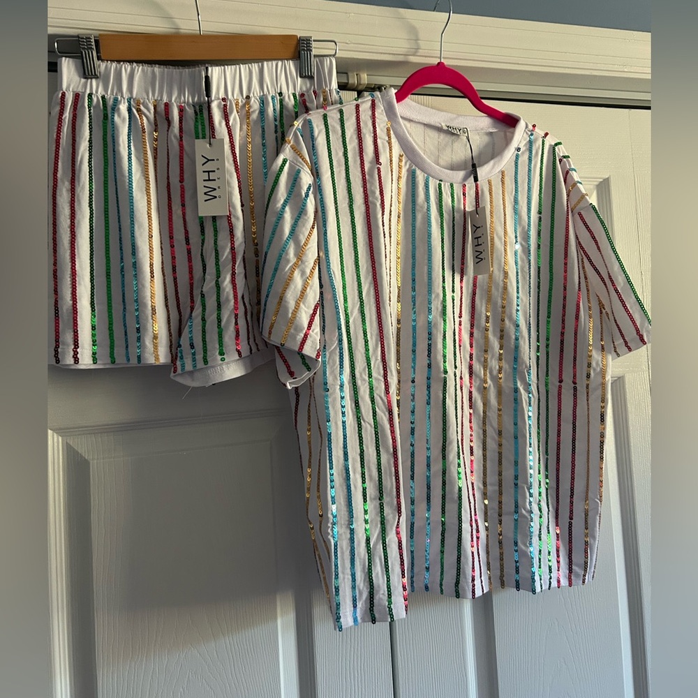 W.H.Y Multicolor Striped Sequin Shorts Set!